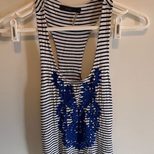 THML Women's Black and White Striped Tank with Blue Embroidery